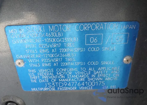 2006 Suzuki Grand Vitara Luxury z USA, uszkodzony, nr VIN JS3TD947764100175